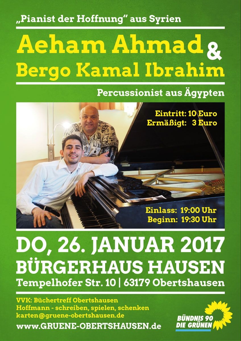 Plakat: Benefizkonzert mit Aeham Ahmad findet am Donnerstag, 26. Januar 2017, um 19.30 Uhr im großen Saal des Bürgerhauses