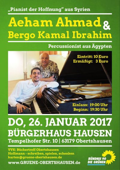 Plakat: Benefizkonzert mit Aeham Ahmad findet am Donnerstag, 26. Januar 2017, um 19.30 Uhr im großen Saal des Bürgerhauses